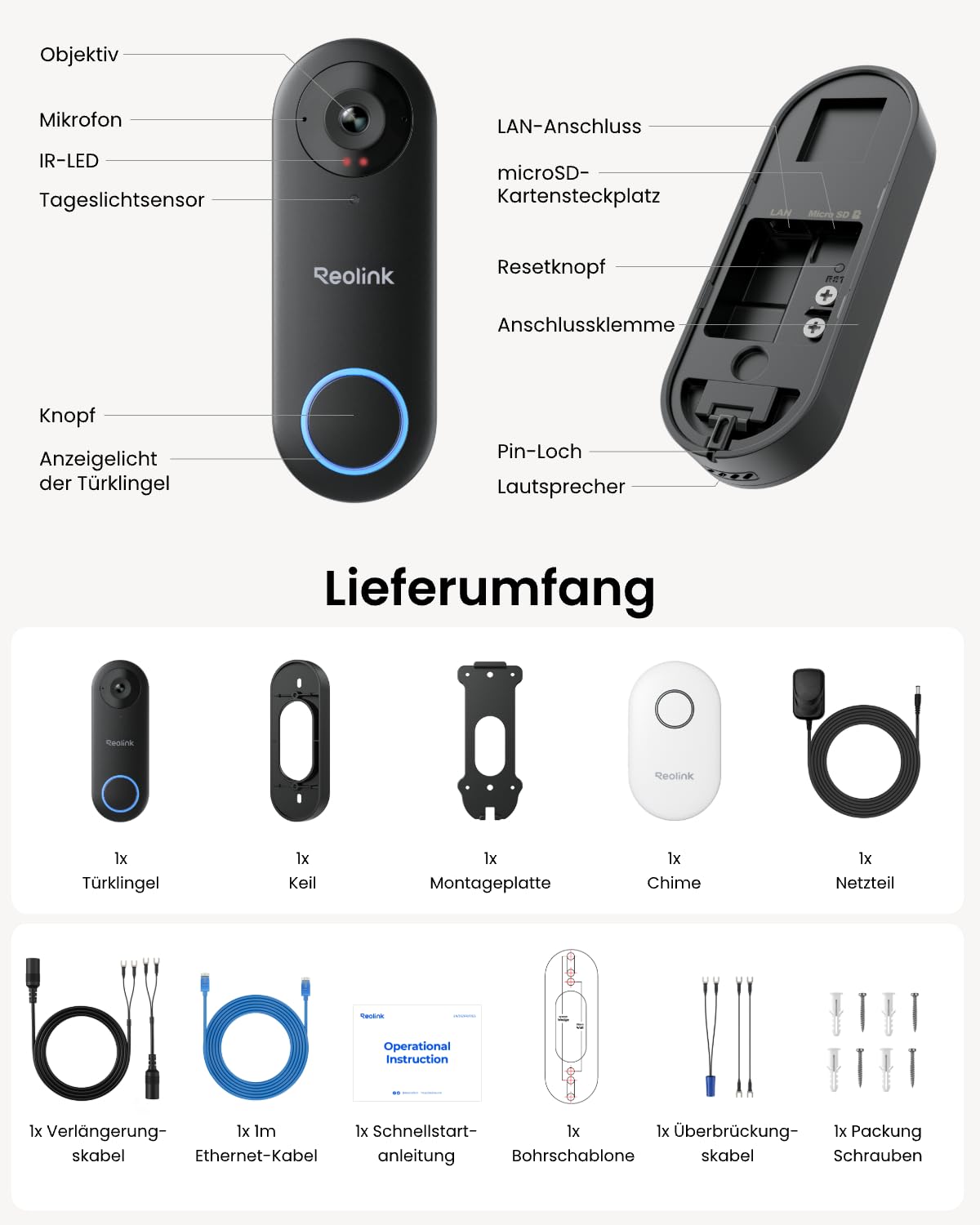 5MP Videotürklingel mit Chime 2,4 GHz und 5 GHz WLAN 180 Grad Ultraweitwinkel für den Hauseingang