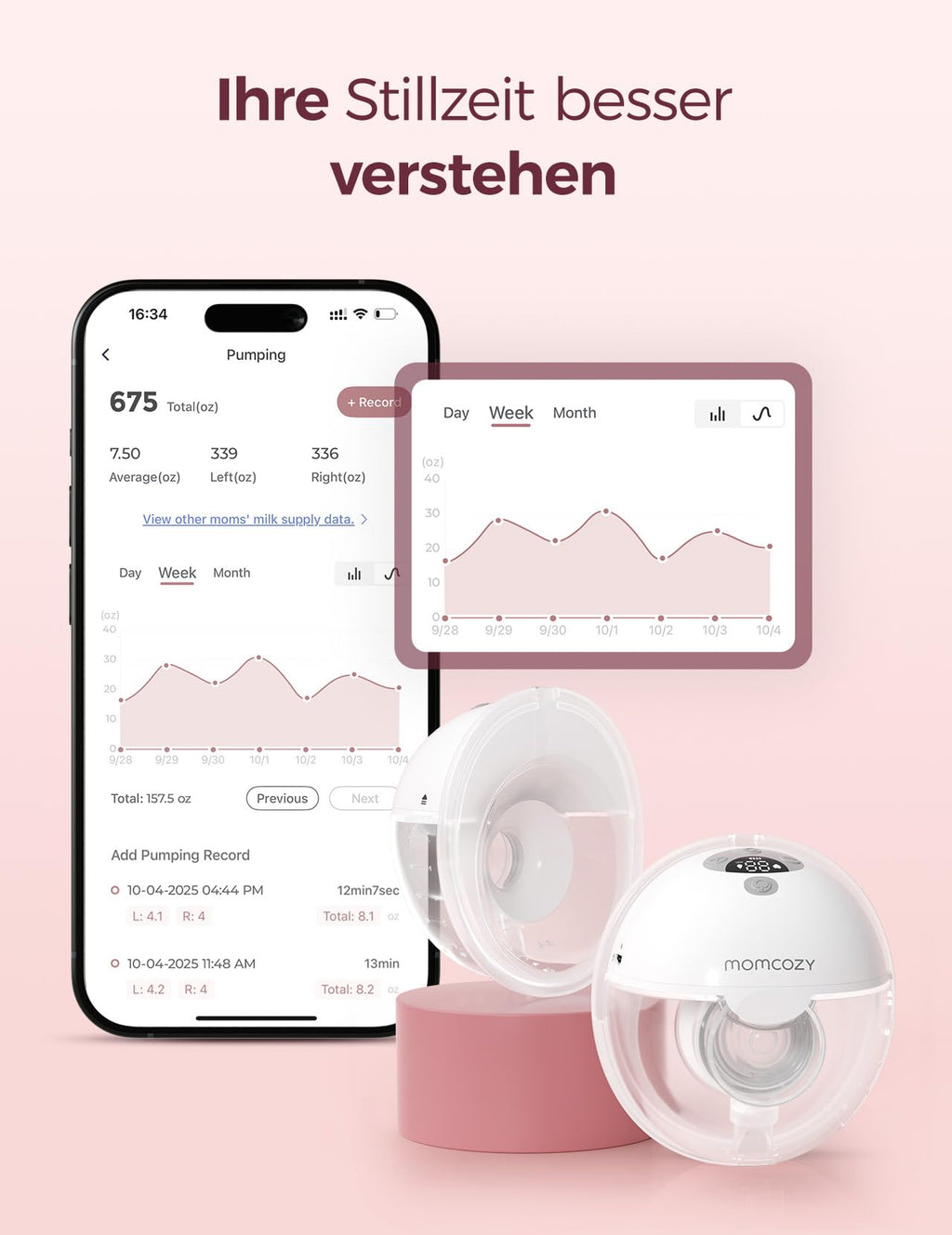M5 Smart tragbare elektrische Milchpumpe handsfree per App steuerbar 1 Pack Grau für Stillende