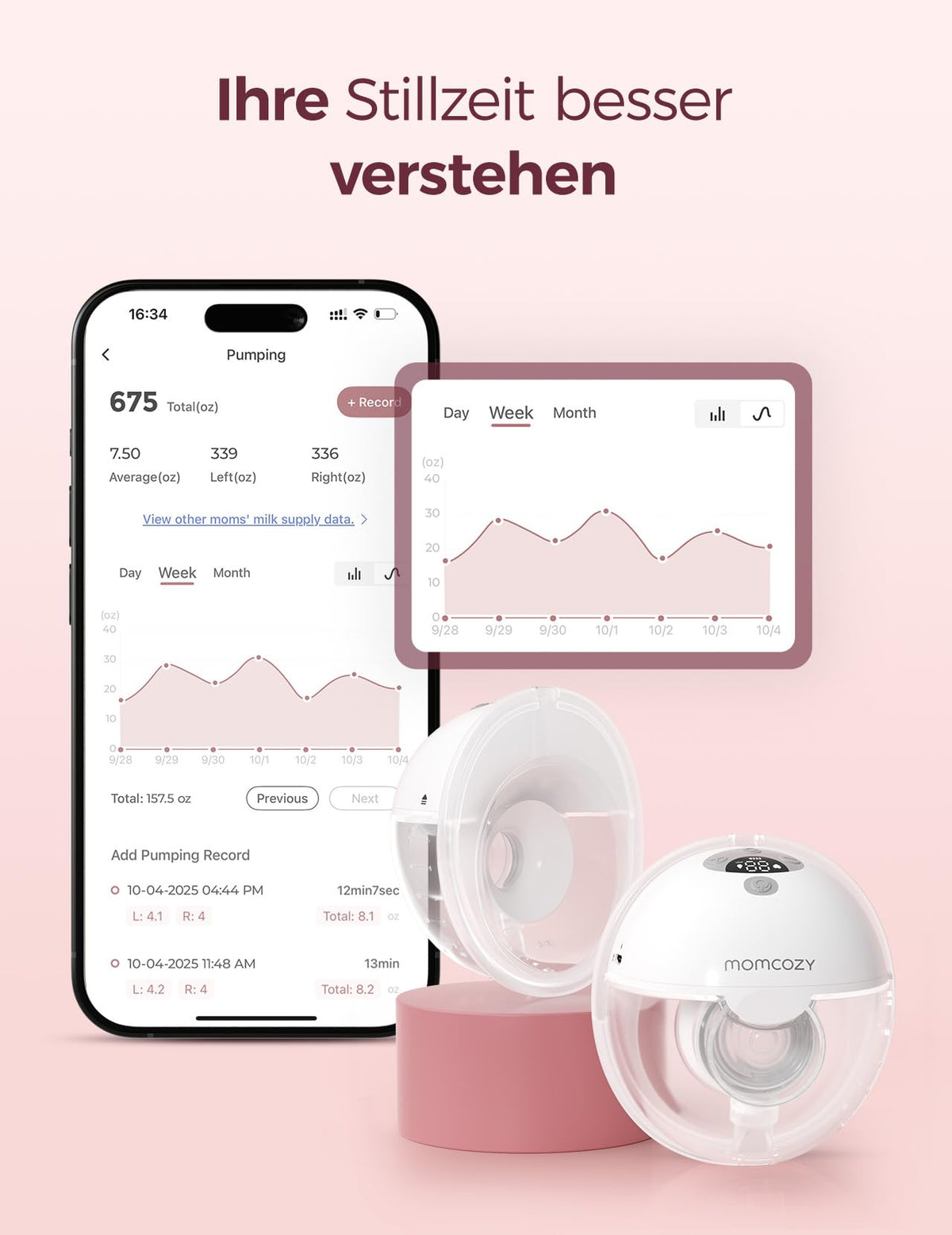 M5 Smart tragbare elektrische Milchpumpe handsfree per App steuerbar 1 Pack Grau für Stillende