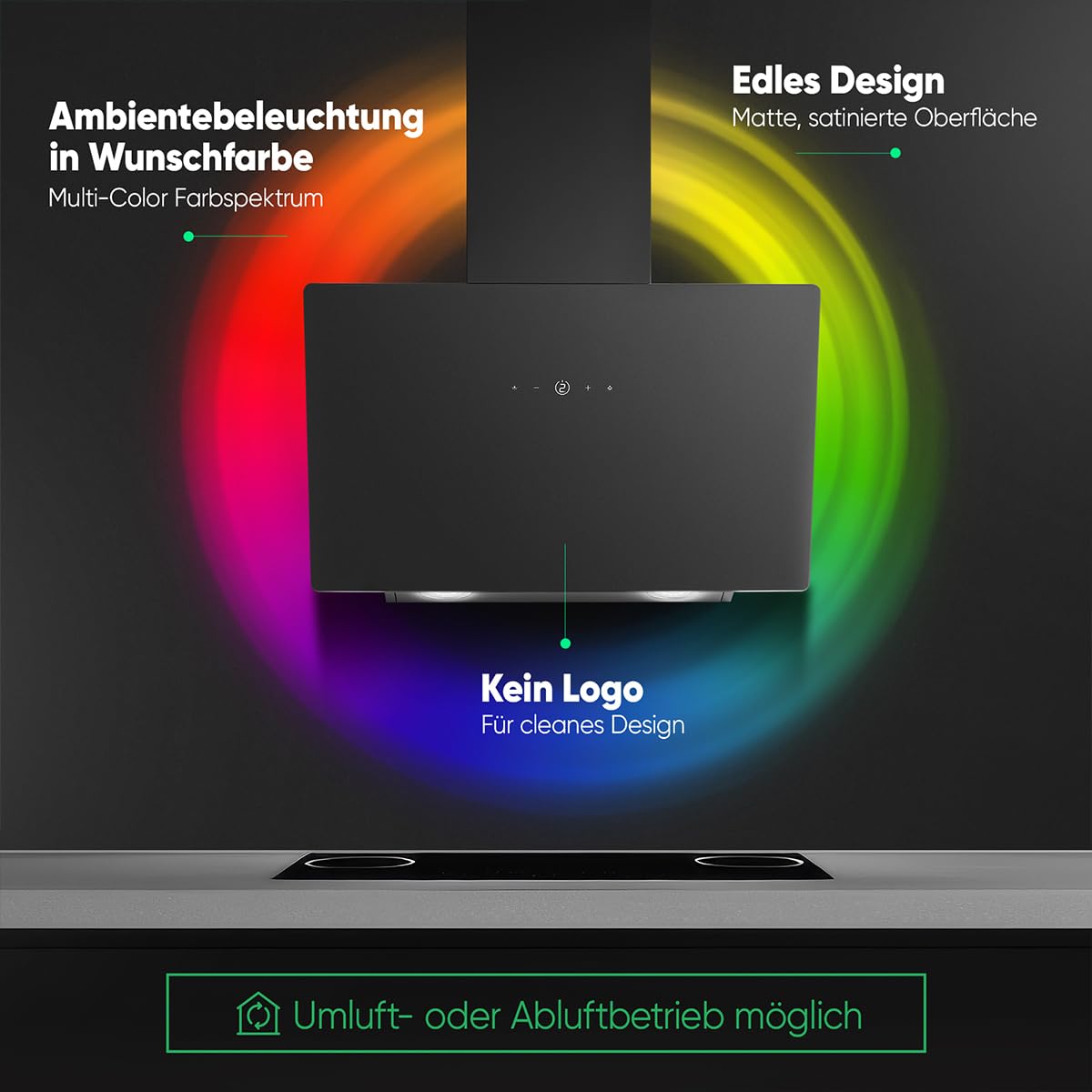 Dunstabzugshaube 60 cm bunte Beleuchtung Umluft und Abluft leise Kopffreihaube Energieklasse A+ DU 7611 G