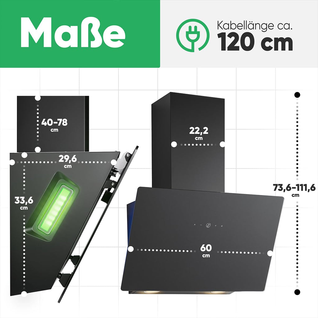 Dunstabzugshaube 60 cm bunte Beleuchtung Umluft und Abluft leise Kopffreihaube Energieklasse A+ DU 7611 G