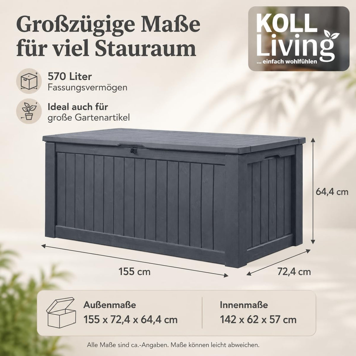 Auflagenbox Kissenbox 570 Liter 100% wasserdicht Belüftung kein Schimmel Holzoptik Deckel 250 kg Anthrazit