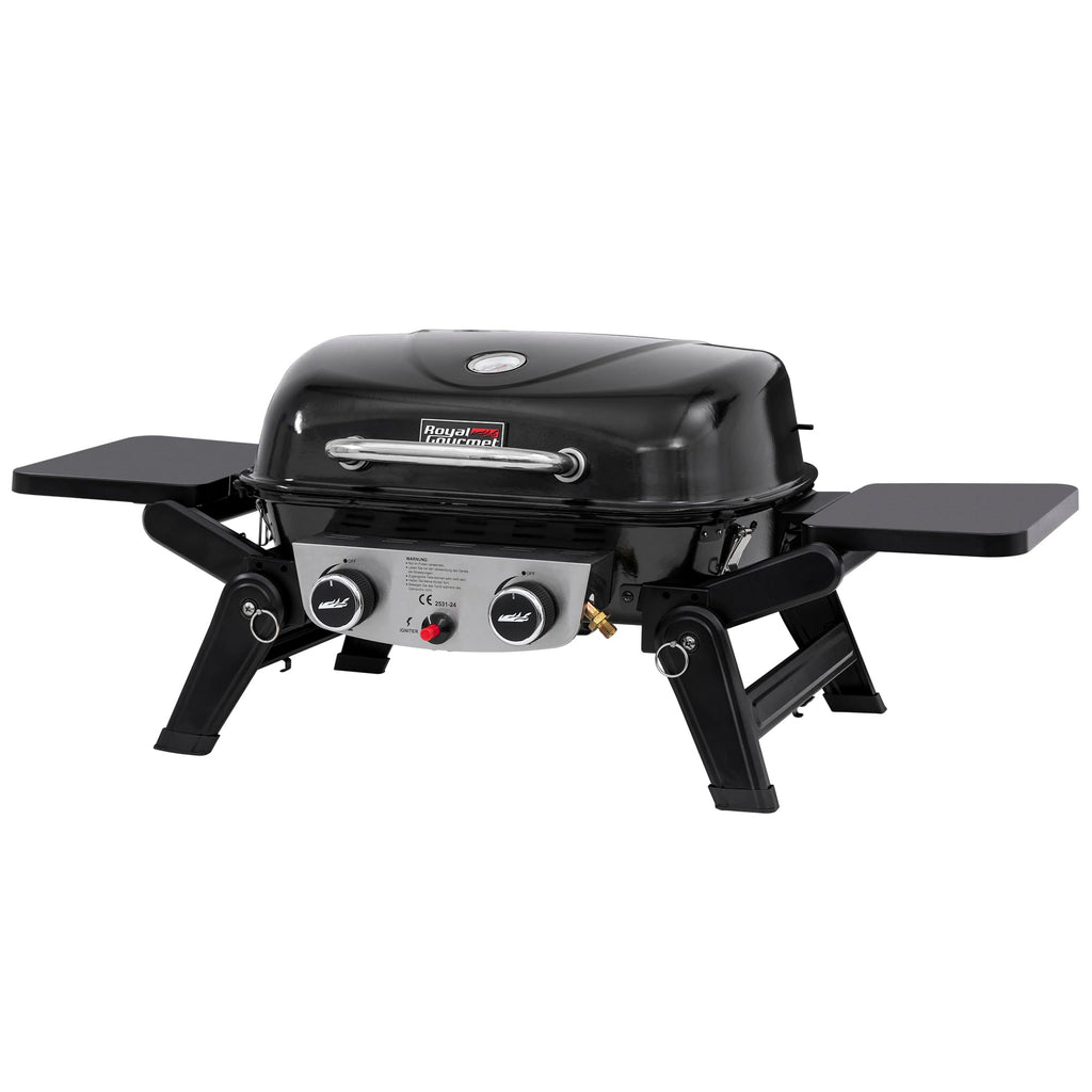 2 Brenner Gasgrill 5 kW Tischgrill mit klappbaren Seitentischen tragbarer BBQ Grill für Balkon Garten Schwarz