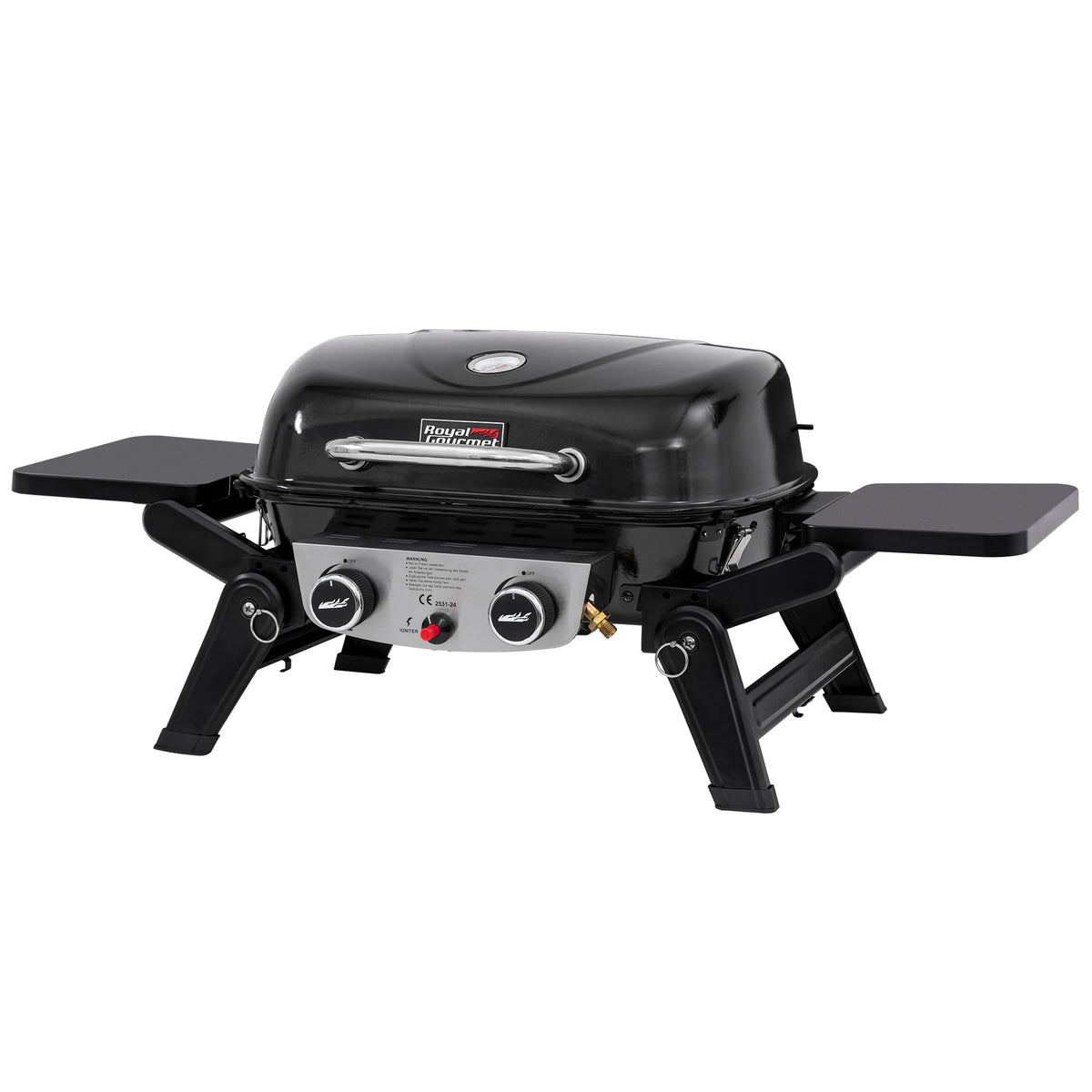2 Brenner Gasgrill 5 kW Tischgrill mit klappbaren Seitentischen tragbarer BBQ Grill für Balkon Garten Schwarz
