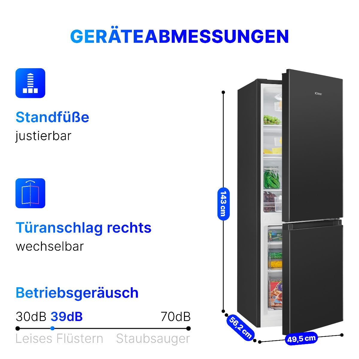 Kühlgefrierkombination 143cm 175L Energieklasse E leise 39 dB Türanschlag wechselbar KG 320.2 six