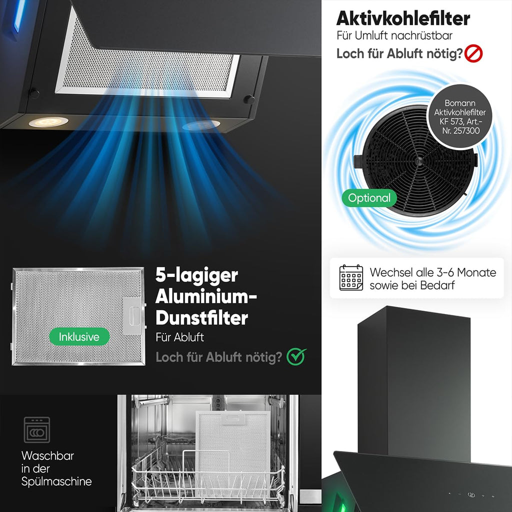 Dunstabzugshaube 60 cm bunte Beleuchtung Umluft und Abluft leise Kopffreihaube Energieklasse A+ DU 7611 G