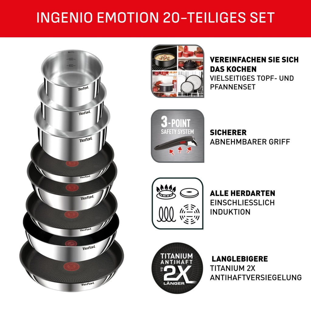 Ingenio Emotion Topf und Pfannenset 20 teilig mit abnehmbarem Griff Kochgeschirr Set für Küche