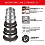 Ingenio Emotion Topf und Pfannenset 20 teilig mit abnehmbarem Griff Kochgeschirr Set für Küche