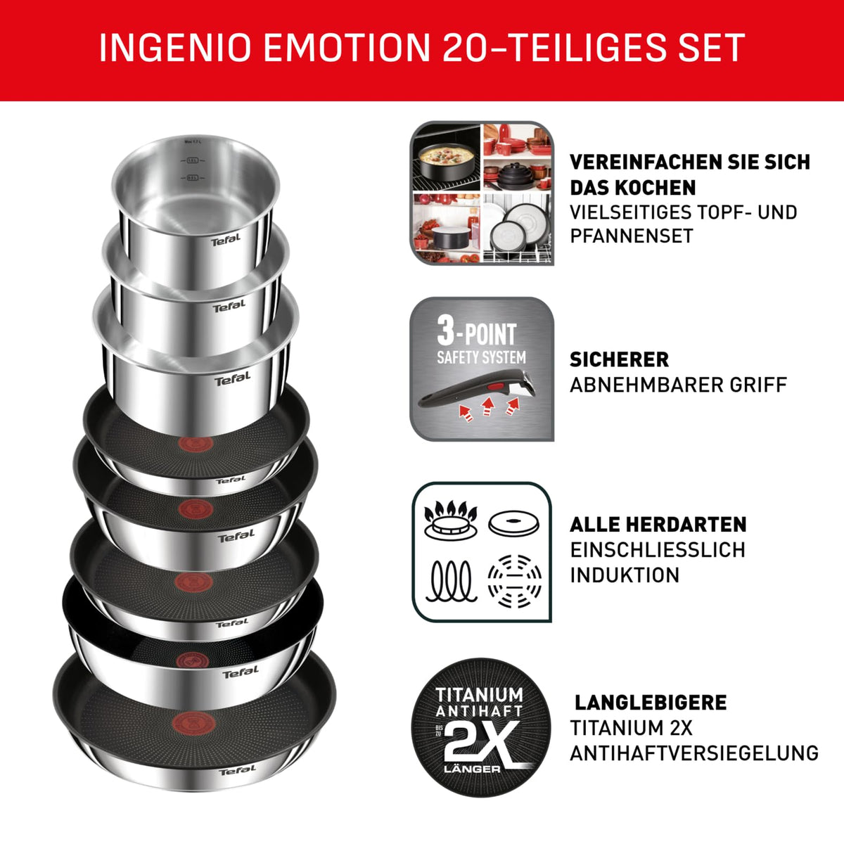 Ingenio Emotion Topf und Pfannenset 20 teilig mit abnehmbarem Griff Kochgeschirr Set für Küche