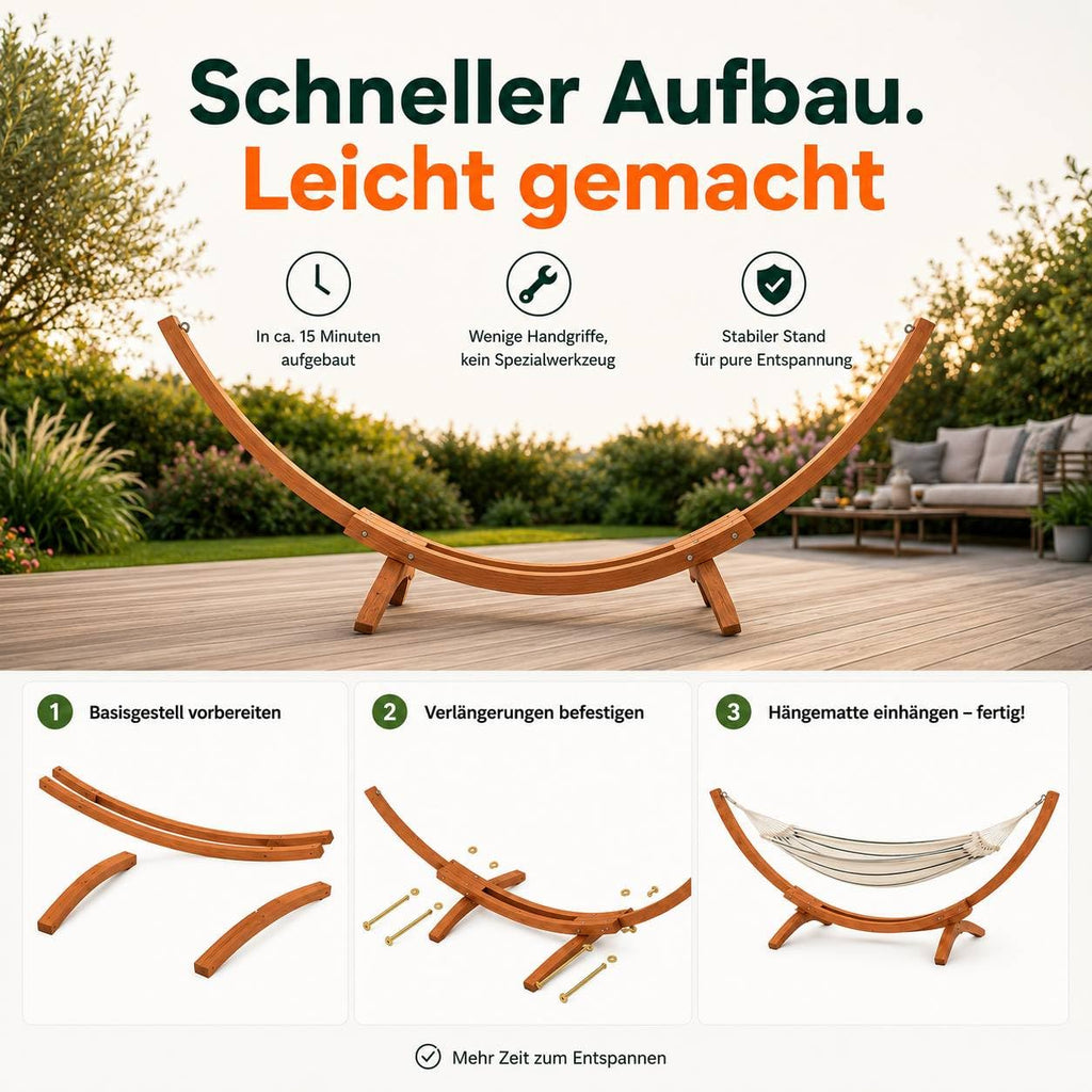 Outdoor Hängemattengestell Modell 24 aus Eukalyptusholz robust wetterfest stabil für Garten Terrasse Balkon