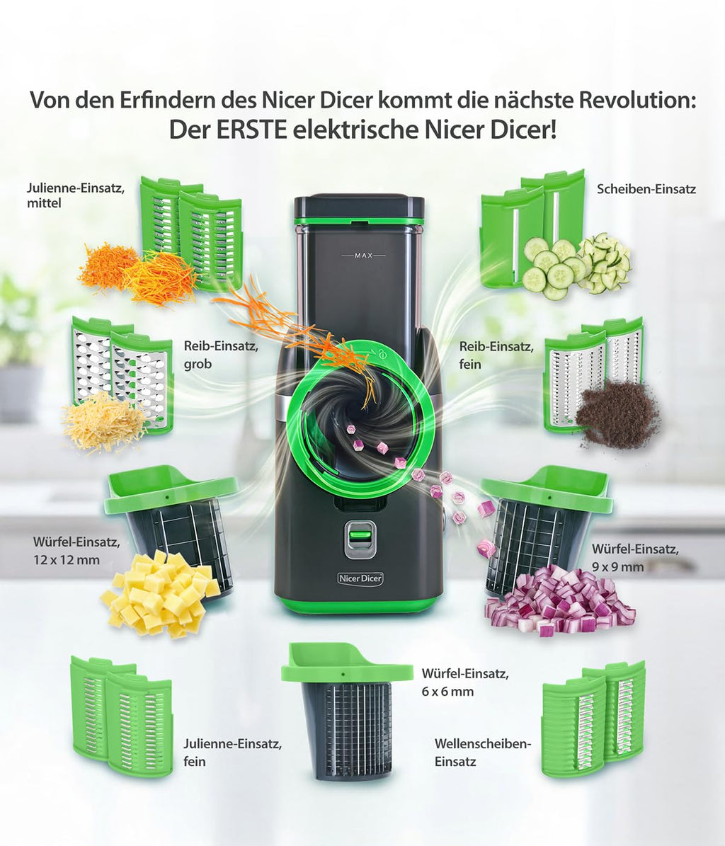 Gemüsehobel Electro 32 tlg Gemüseschneider automatisch Käsereibe für Gemüse Obst Nüsse 9 extrascharfe Einsätze
