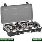 Campingkocher zweiflammig Gaskocher POWERKOOK 50 mbar mit 2 Grillplatten für Camping Outdoor