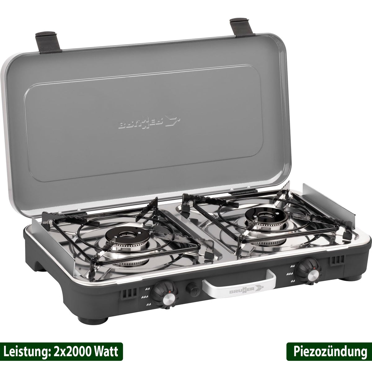 Campingkocher zweiflammig Gaskocher POWERKOOK 50 mbar mit 2 Grillplatten für Camping Outdoor