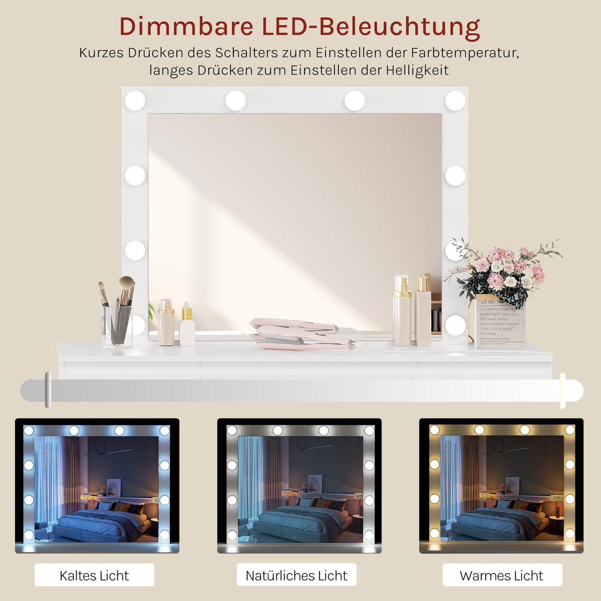 Schminktisch mit Hollywood Beleuchtung LED Spiegel Steckdose und 7 Schubladen für Schlafzimmer