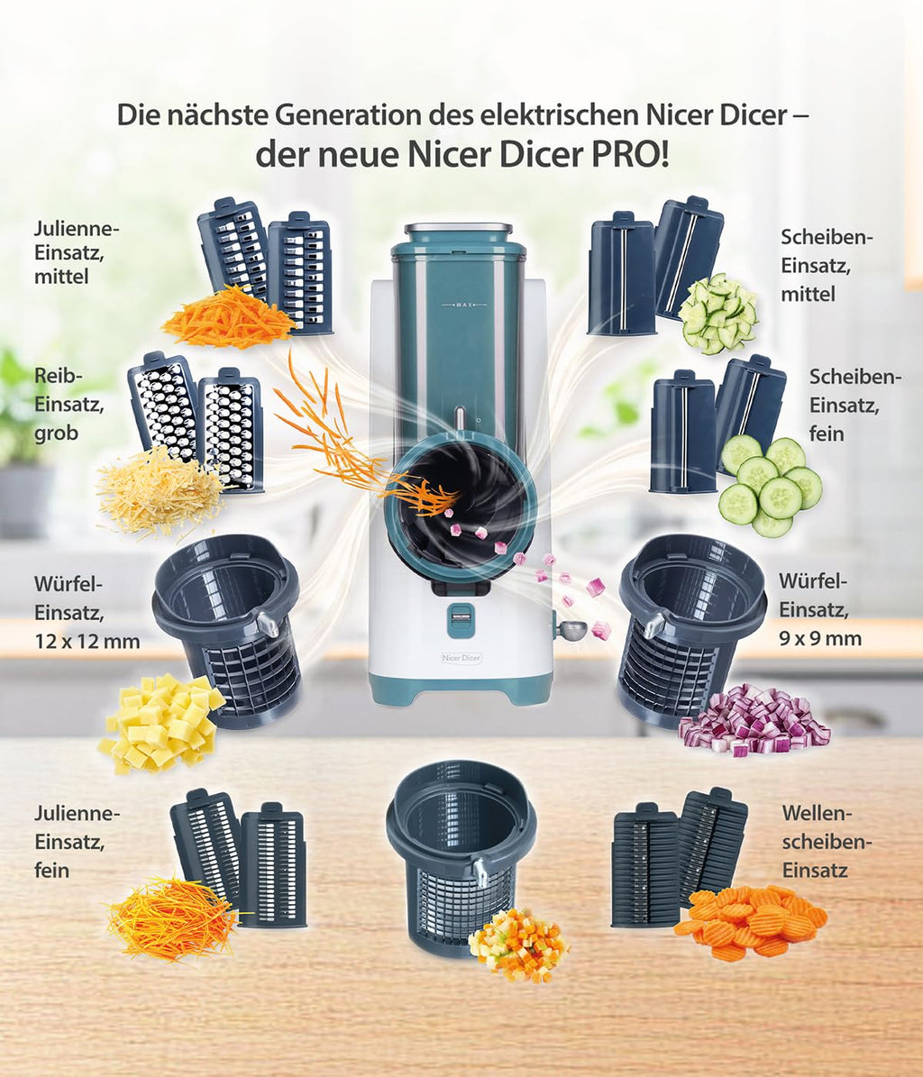 Nicer Dicer Electro PRO 32tlg sage Gemüseschneider elektrisch 9 Aufsätze Reiben Würfeln extrascharfe Klingen