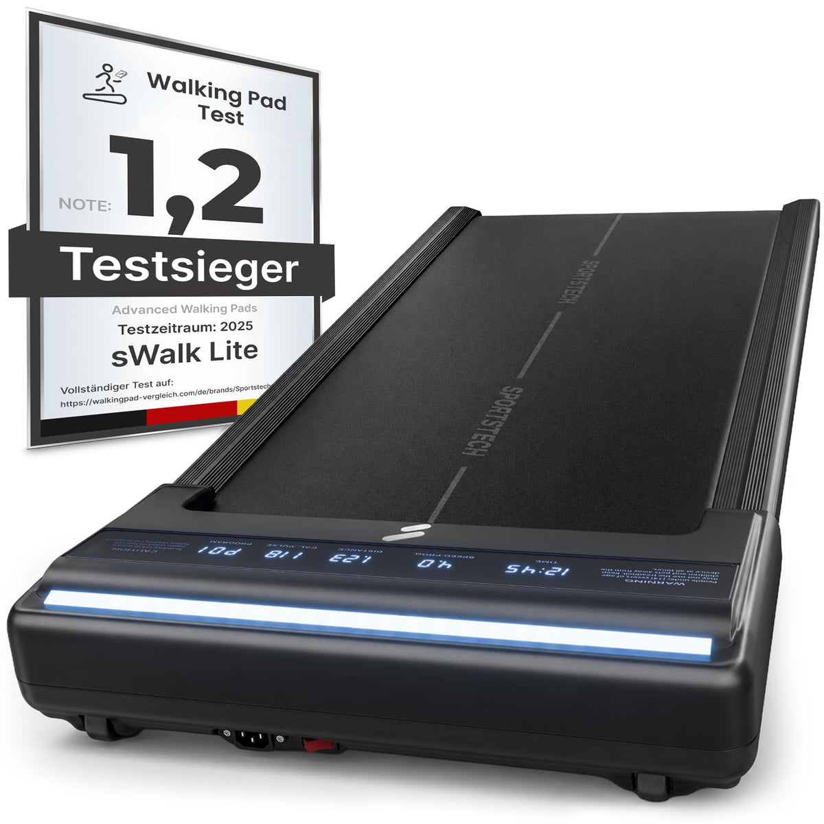 Walking Pad Laufband sWalk Lite, 6% Steigung, 6 km/h, LED, App, Fernbedienung, leise, flach, bis 150 kg