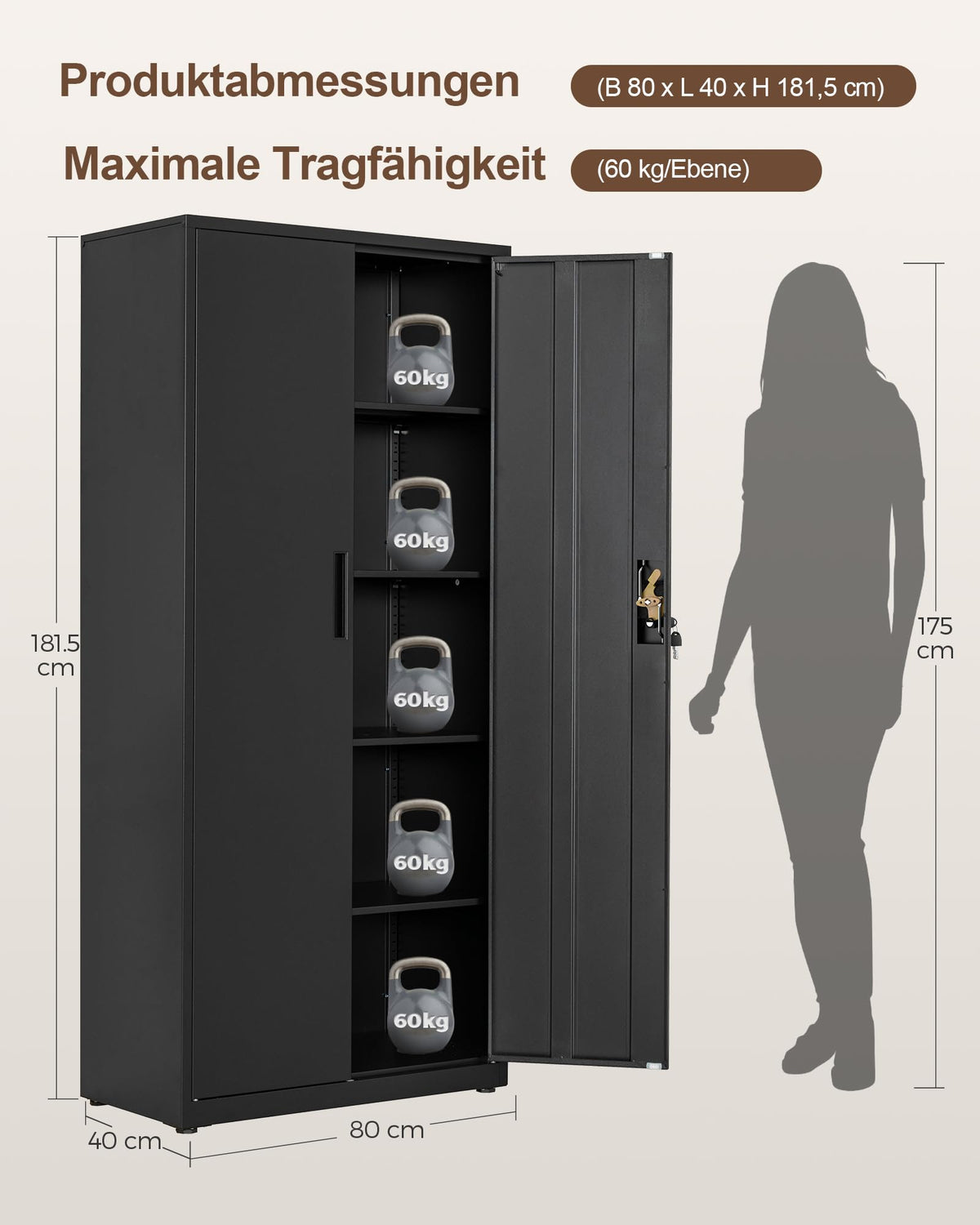 Stahlschrank 5 Ebenen mit Schloss Doppeltüren verstellbare Einlegeböden Werkzeugschrank 80x40x181,5 cm Schwarz