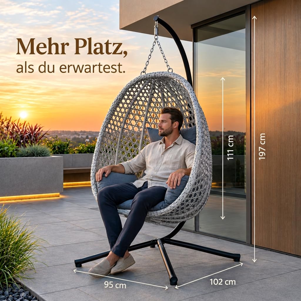 Hängesessel mit Gestell Outdoor Indoor, Sommer Winter Wendebezug, bis 150 kg, faltbar, mit Abdeckplane, Grau