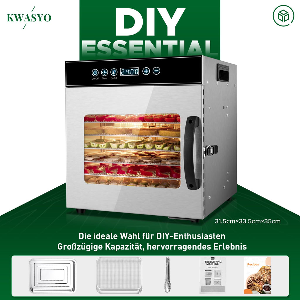 Dörrautomat Edelstahl 8 Etagen 30 bis 90 °C Timer 24 h ohne BPA für Obst Fleisch Gemüse Kräuter Rezeptheft