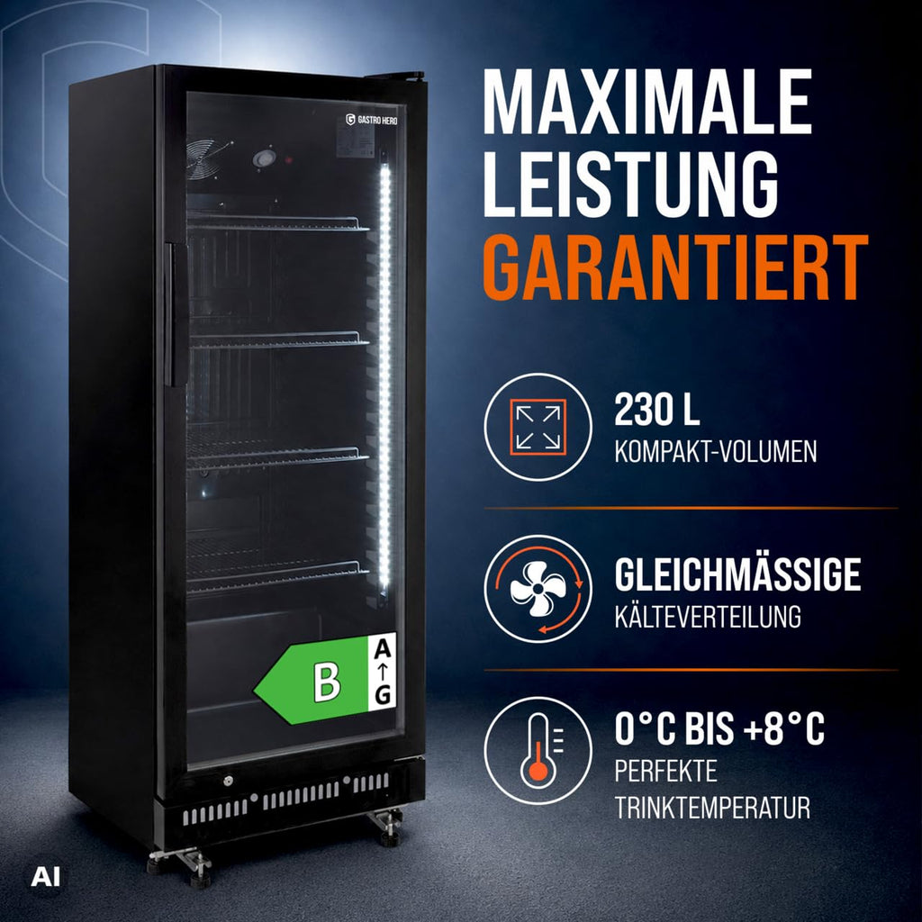 Getränkekühlschrank 230 Liter 4 Böden schwarz GKSE230 Energieklasse B für Gastronomie und Gewerbe