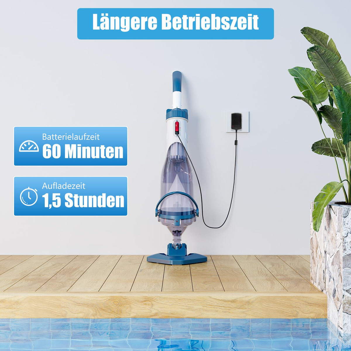 Akku Poolsauger 60 Min 222 cm Teleskopstange 4 Filter Absaugung 4200 l pro Stunde für oberirdische Pools blau