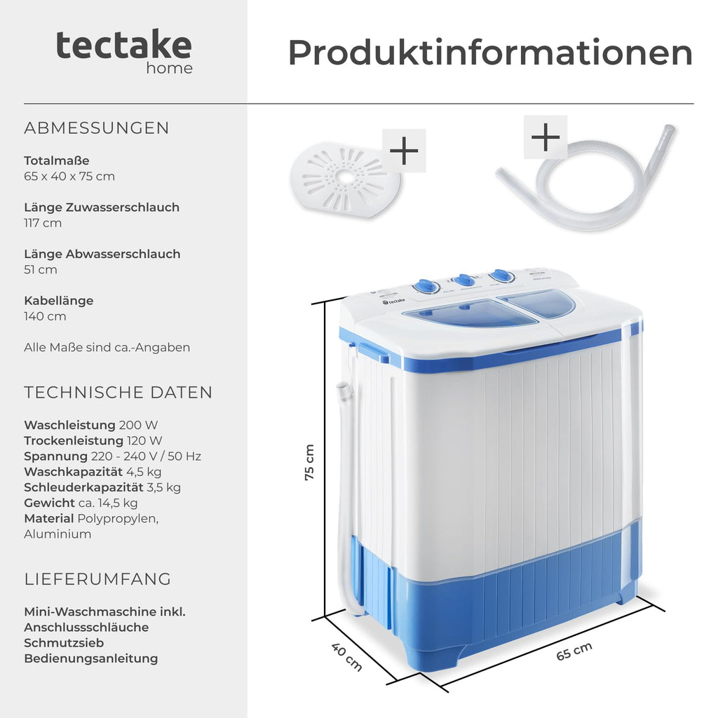 Mobile Mini Waschmaschine 4,5 kg und Wäscheschleuder 3,5 kg Kombination Toplader für Camping und Reise