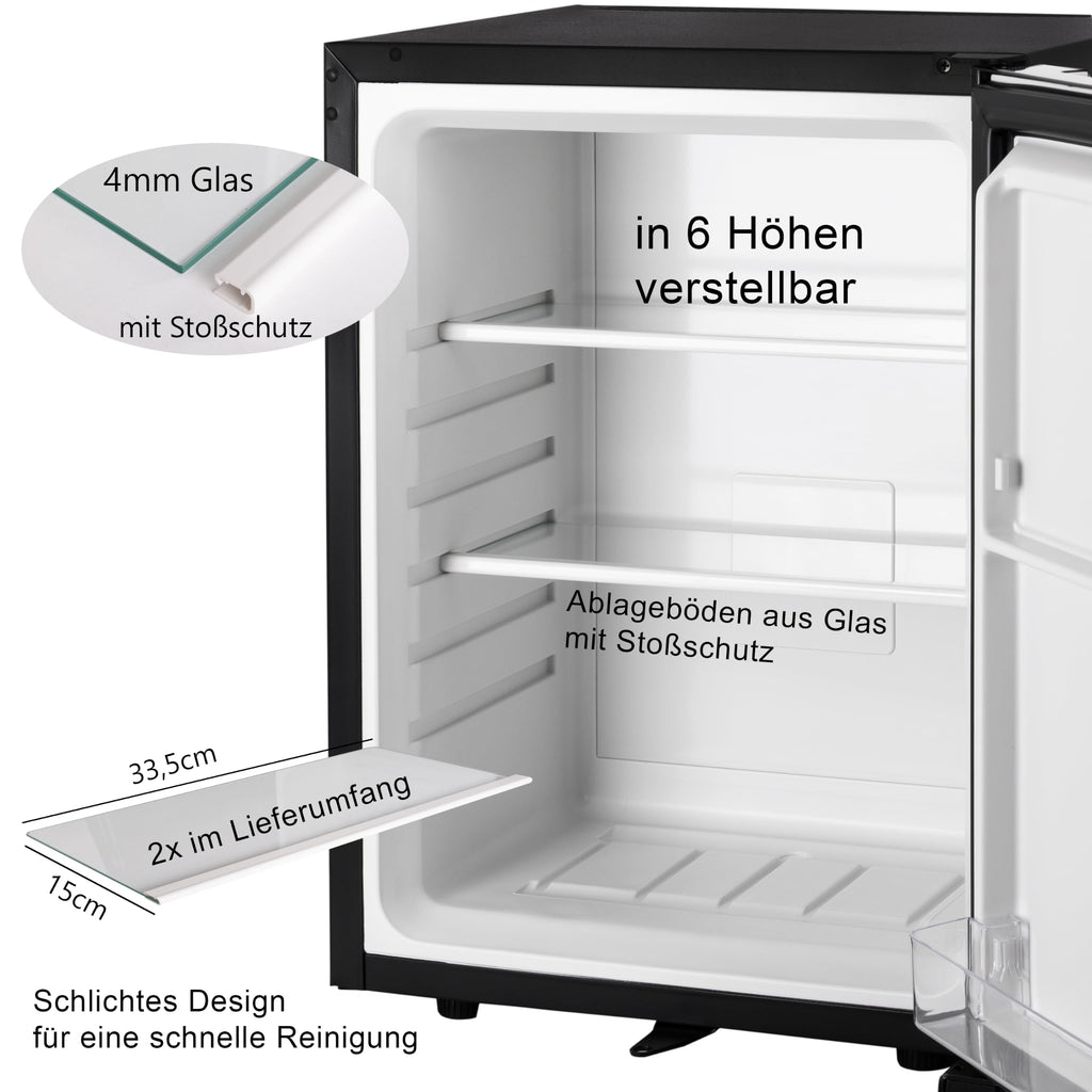 40 Liter Mini Kühlschrank lautlos geräuschlos Minibar mit Schloss 5°C bis 18°C Energieklasse D