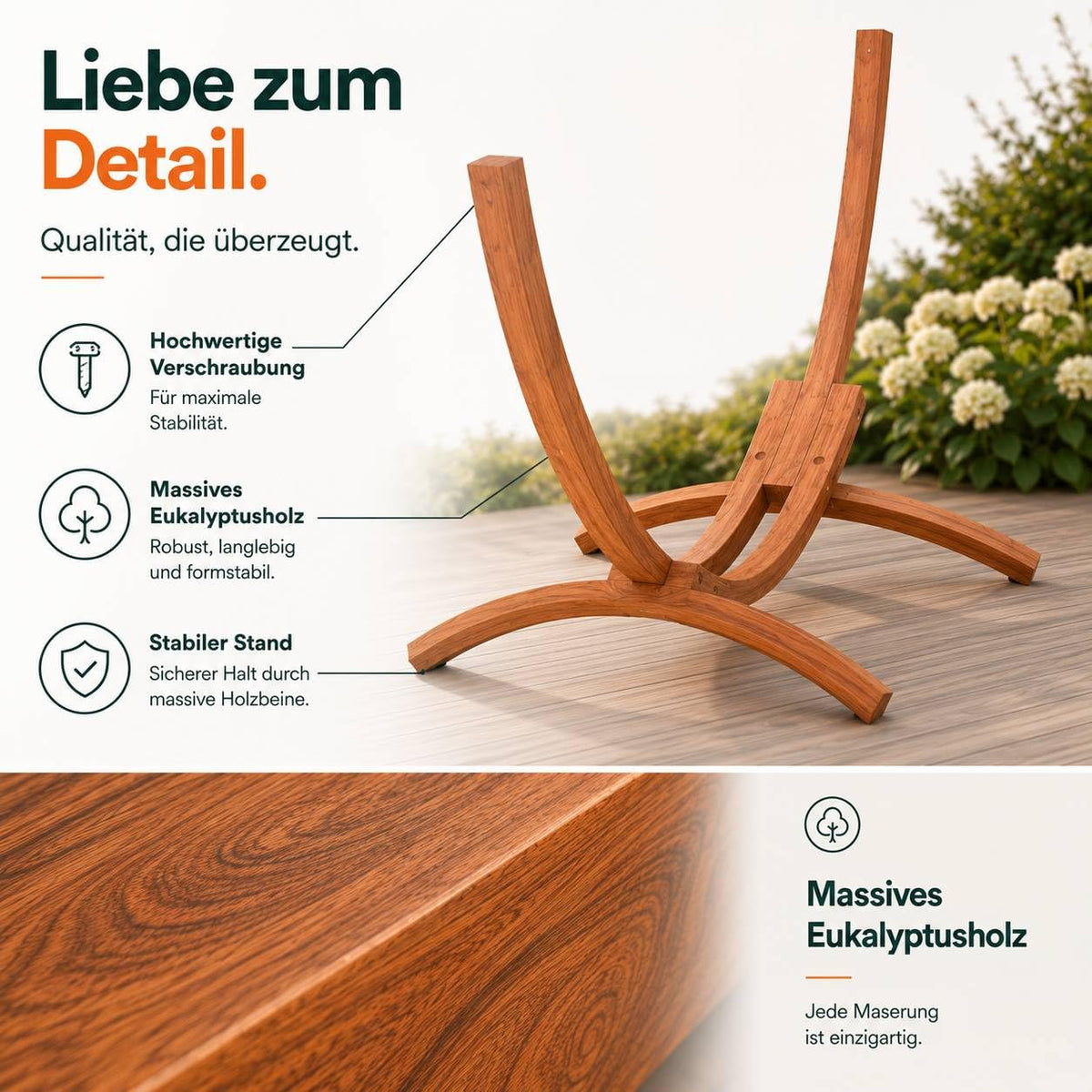 Outdoor Hängemattengestell Modell 24 aus Eukalyptusholz robust wetterfest stabil für Garten Terrasse Balkon