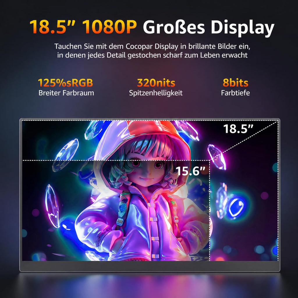Tragbarer Monitor 18.5 Zoll 1080P FHD 120% sRGB HDMI USB-C Lautsprecher VESA Ständer für Laptop Xbox PS4 PS5