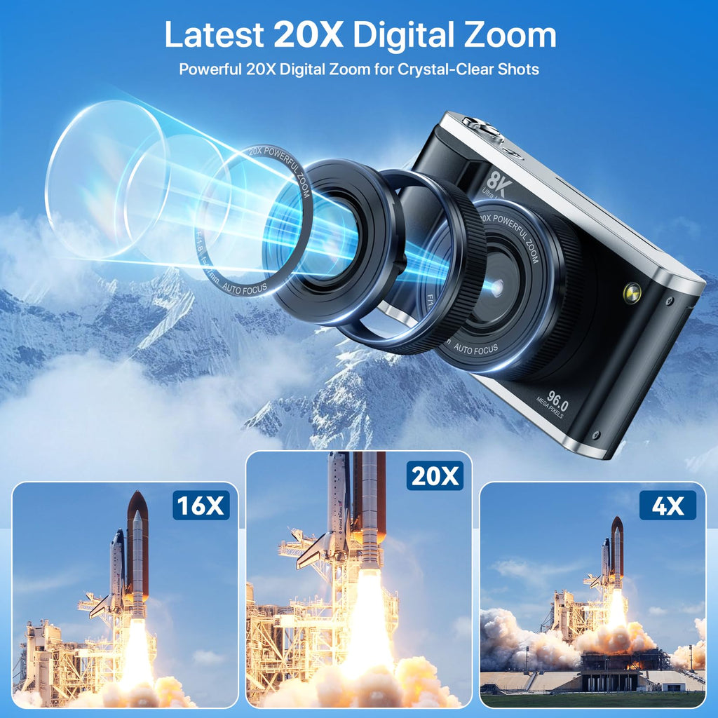 Digitalkamera 8K 96MP mit WLAN 20X Zoom Autofokus Anti Shake 3,5 Zoll 180 Grad Klappdisplay 32GB SD 2 Akkus
