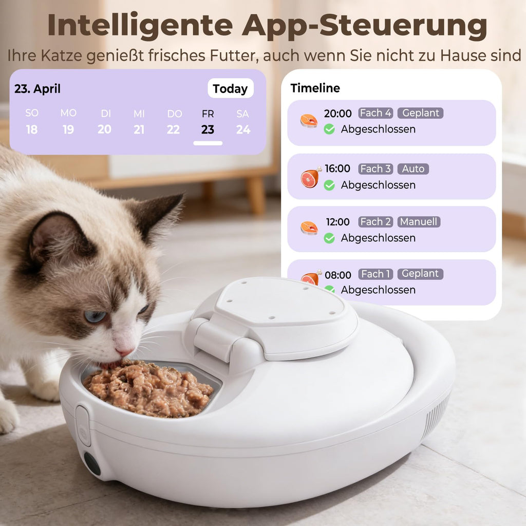 Intelligent Katzenfutterautomat Nassfutter Halbleiter Kühlung Heizung App 4 Frischmahlzeiten Infrarotsensorik
