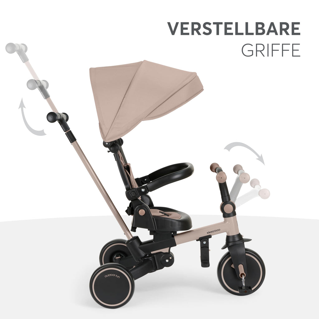 Dreirad mit Schubstange 8 in 1 ALUMA faltbares Kinderfahrzeug drehbarer Sitz 5 Punkt Gurt Alu beige