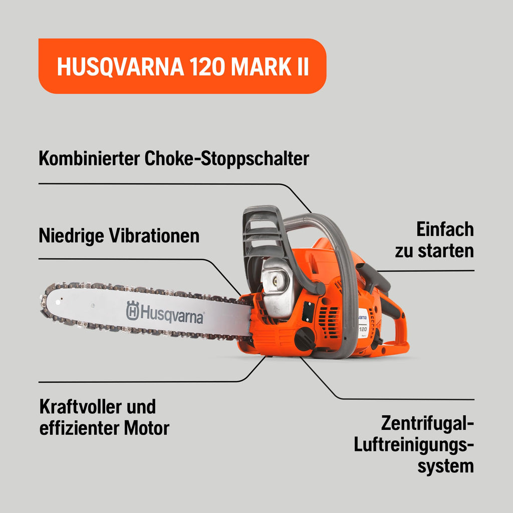 Benzinkettensäge 120 Mark II 38,2 cc X Torq Motor 14 Zoll Schiene für Garten und Forstarbeiten