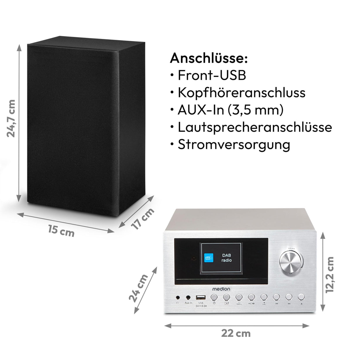 P85003 Micro Audio System Kompaktanlage Internetradio DAB Plus PLL UKW Radio Bluetooth USB AUX 2x150 W Silber