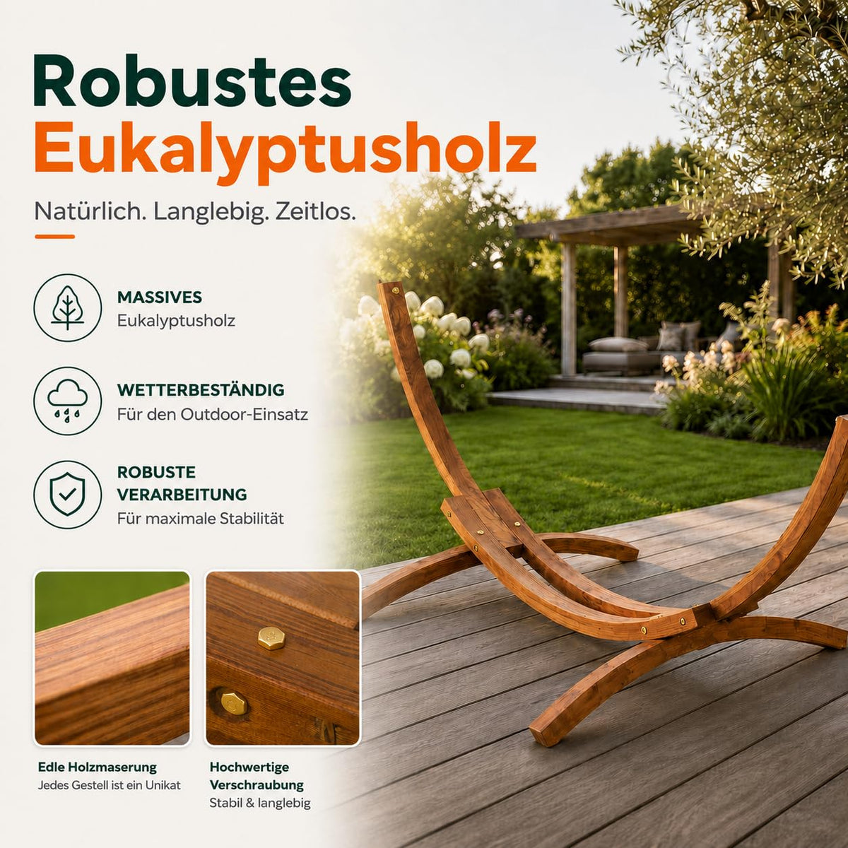 Outdoor Hängemattengestell Modell 24 aus Eukalyptusholz robust wetterfest stabil für Garten Terrasse Balkon