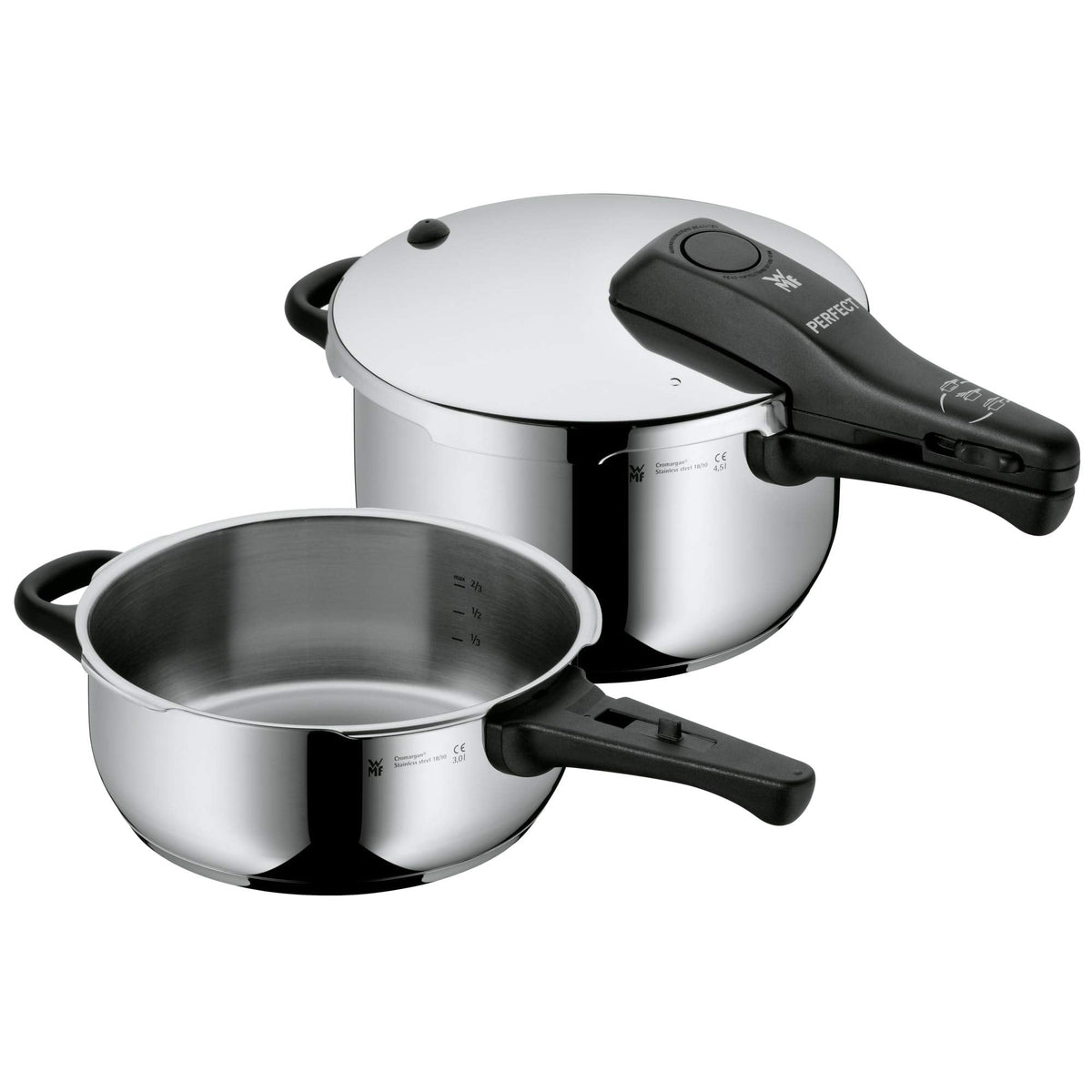 Perfect Schnellkochtopf Set Induktion zweiteilig 4,5l und 3l Edelstahl poliert 2 Kochstufen Einhandregler