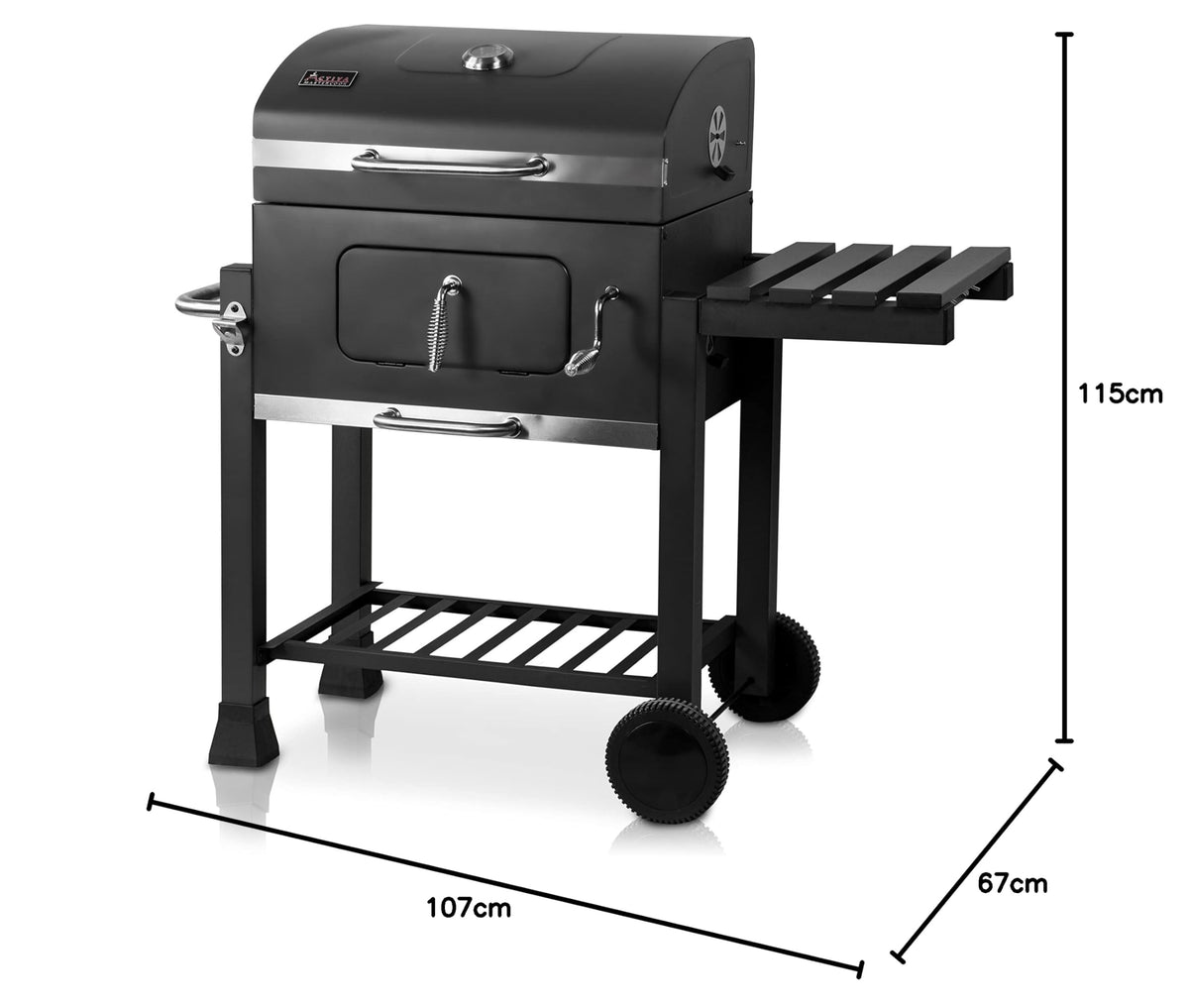 Holzkohlegrill Angular Guss Gusseisenrost Abdeckhaube Deckel verstellbare Kohlewanne Thermometer Grillwagen