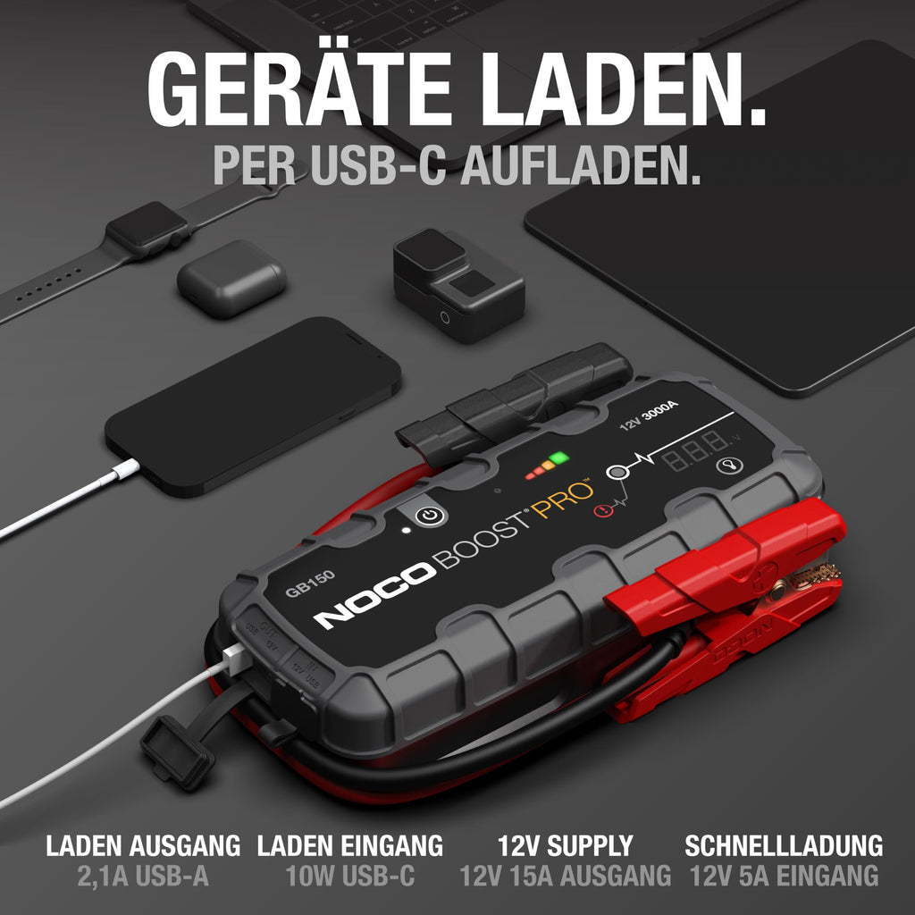 GB150 3000A Starthilfe Powerbank für Benzin bis 9,0L und Diesel bis 7,0L 12V Lithium Jump Starter