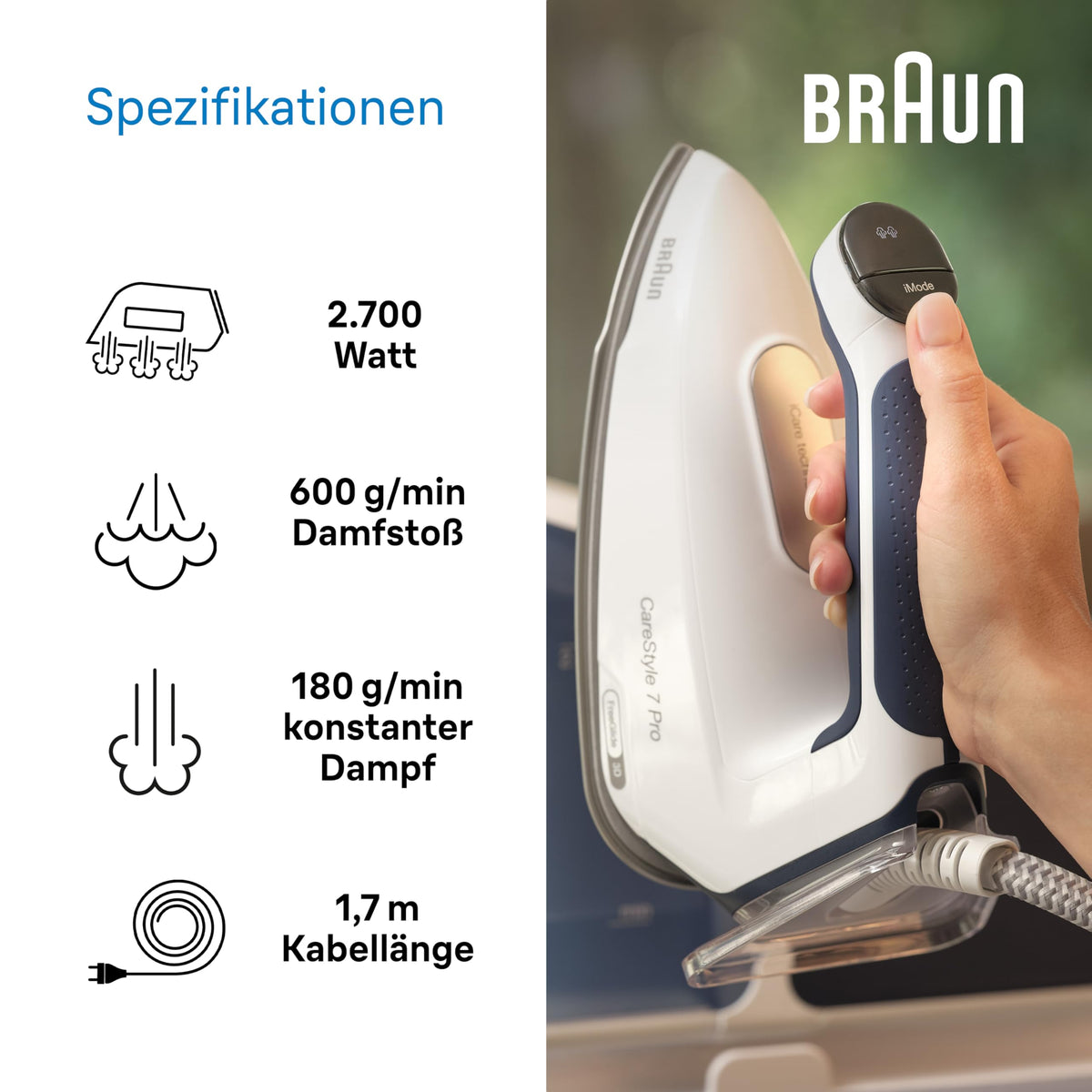 CareStyle 7 Pro IS 7282 BL Dampfbügeleisen FreeGlide 3D iCare abnehmbarer 2 L Tank 600 g/min 2700 W Blau Weiß