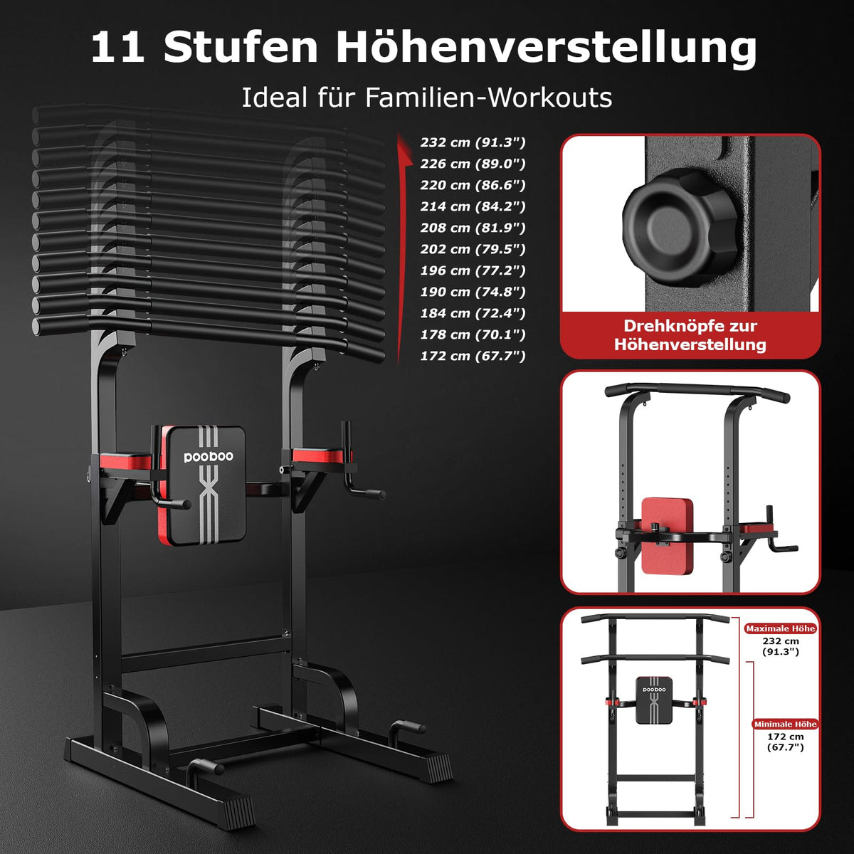Power Tower Dip Station Klimmzugstange höhenverstellbar multifunktional für Heimtraining mit Elastikseilen