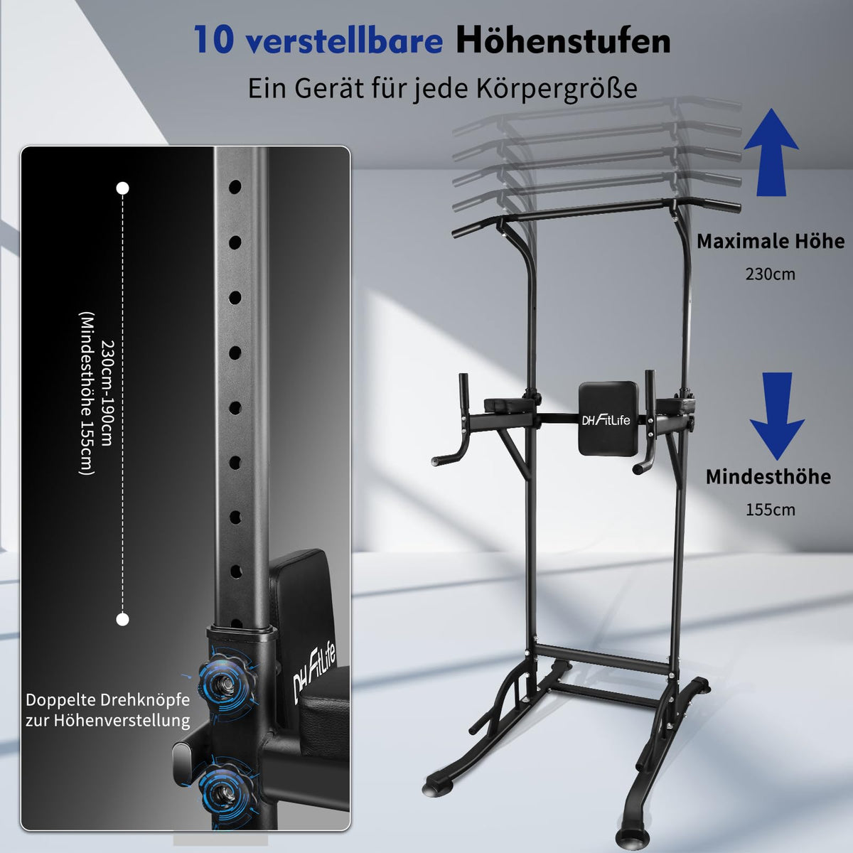 Power Tower Dip Station Klimmzugstange freistehend bis 230 cm stabiler Kraftturm für Ganzkörpertraining