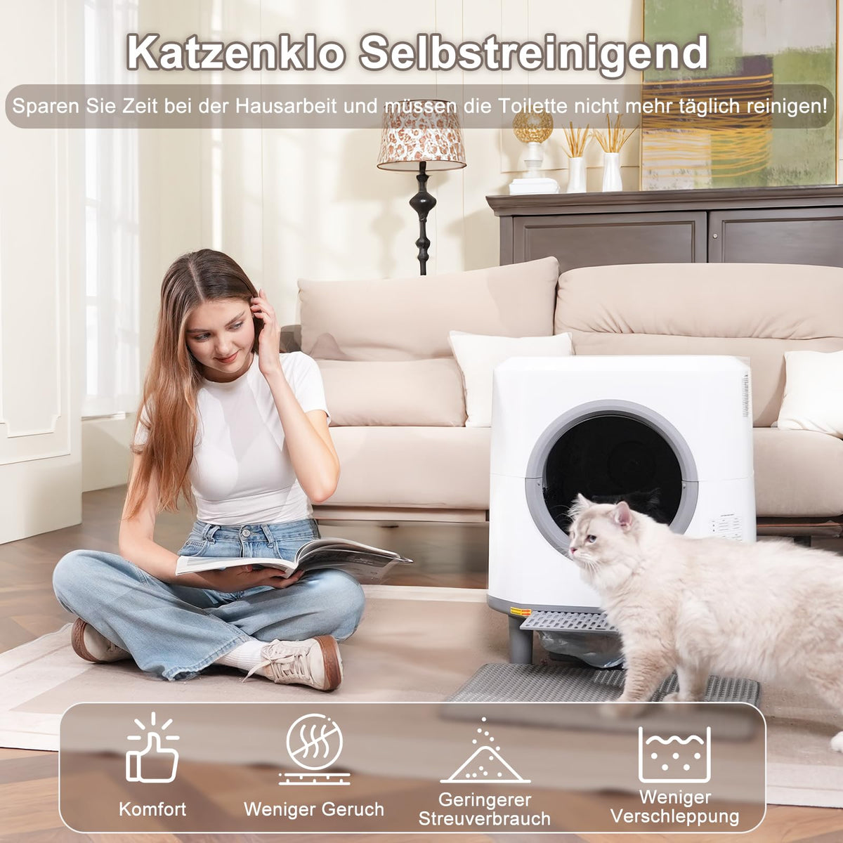 Selbstreinigende Katzentoilette 90L Großraum Katzenklo Elektrisch für Katzen mit automatischer Reinigung