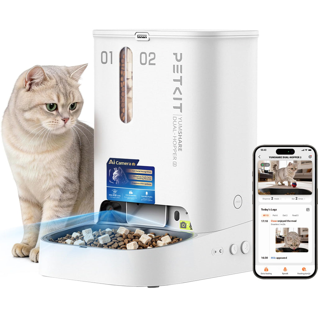 YumShare Dual Hopper 2 Futterautomat für Katze und Hund 2 Näpfe Kamera Gesichtserkennung 5L KI 2,4 und 5G WLAN