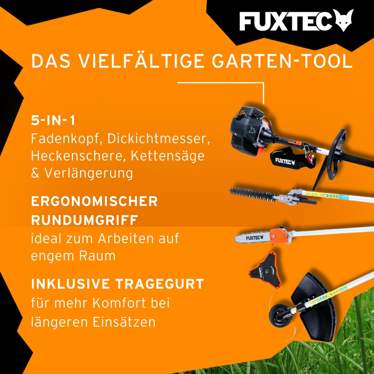 Benzin Motorsense FX-MT152E 5in1 Multitool 52ccm 3PS Kombigerät für Rasen Heckenschnitt und Garten