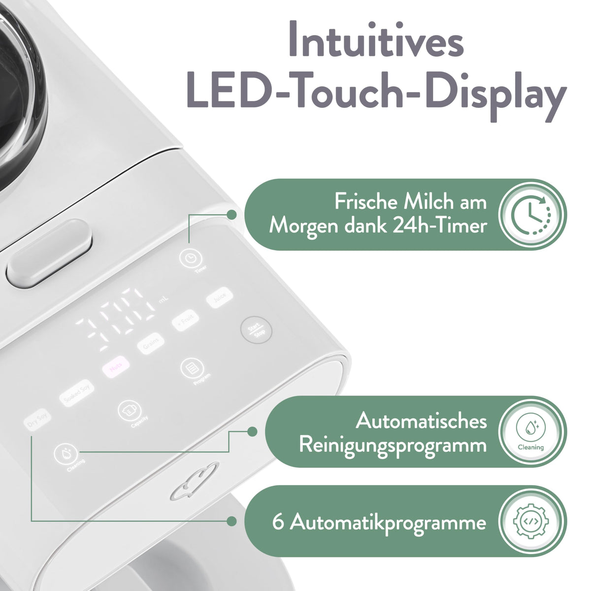 Pflanzenmilchbereiter Mila 600ml 6 Programme automatische Reinigung LED Touch Timer Nussmilch Soja Haferdrinks