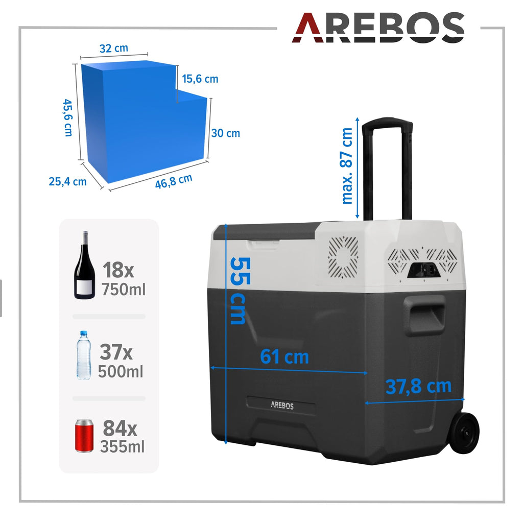 Tragbare Kompressor Kühlbox mit Rollen 47 Liter bis minus 20°C für Auto und Camping mit 230 V Netz