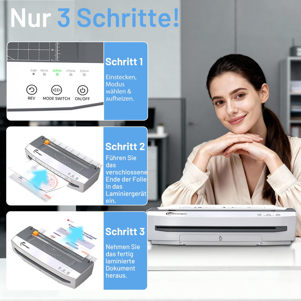 Laminiergerät A3 Set mit 50 Folien und 4 Rollen 1000 mm pro Minute für Büro Schule Zuhause