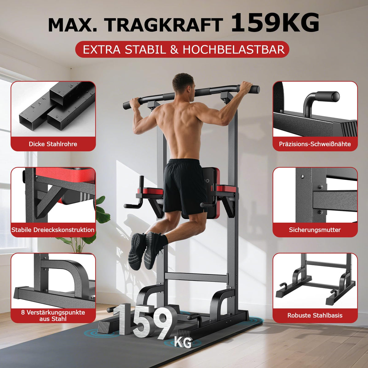 Power Tower Dip Station Klimmzugstange höhenverstellbar multifunktional für Heimtraining mit Elastikseilen