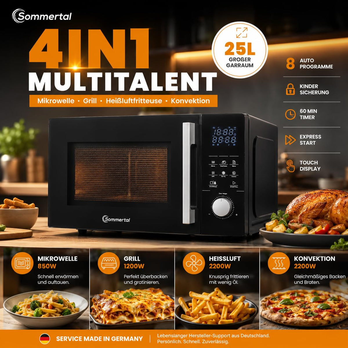 4in1 Mikrowelle 25L 2200W mit Grill Airfryer Heißluftfritteuse Touch und 8 Programmen für Küche Haushalt