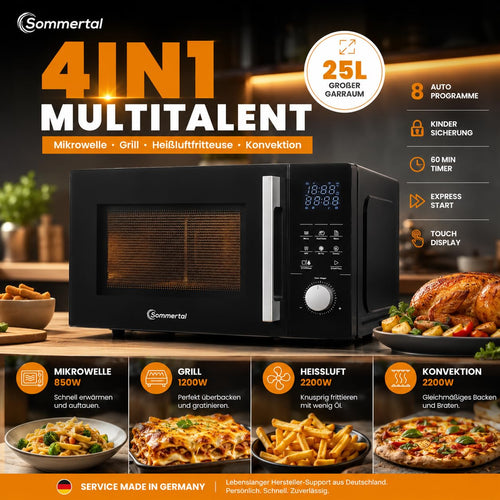 4in1 Mikrowelle 25L 2200W mit Grill Airfryer Heißluftfritteuse Touch und 8 Programmen für Küche Haushalt